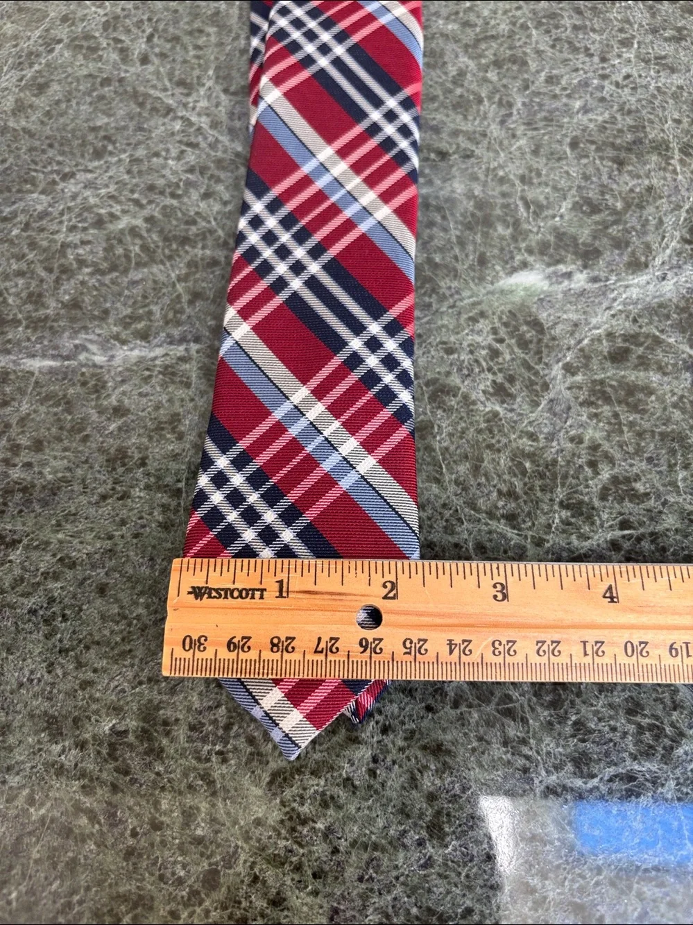 Nordstrom brand necktie 👔 vibrant red, blue, and white plaid tartan pattern.